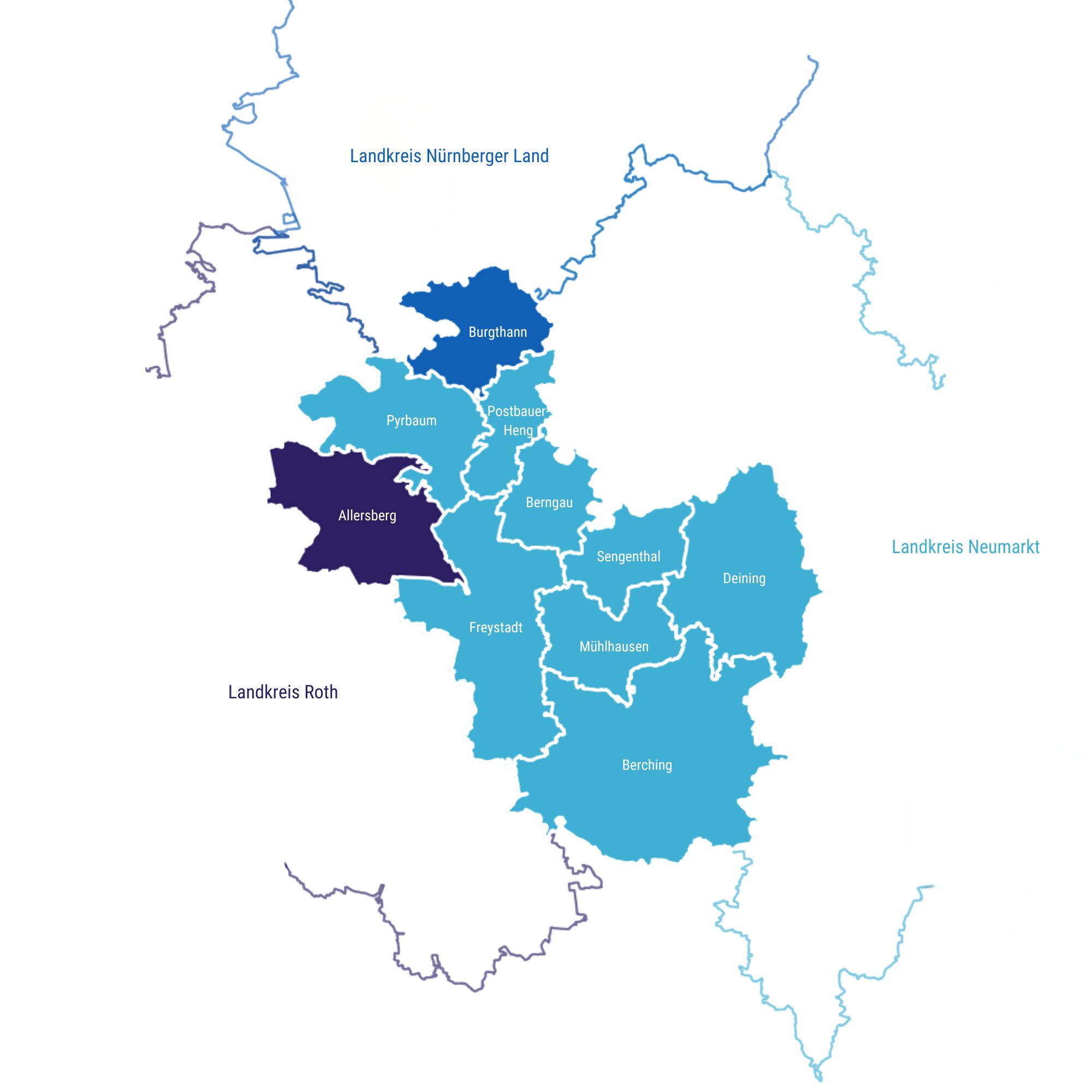 Das Bild zeigt das Aktionsbündnis Oberpfalz-Mittelfranken und seine 10 Mitgliedsgemeinden. Allersberg gehört zum Landkreis Roth, Burgthann gehört zum Landkreis Nürnberger Land. Pyrbaum, Postbauer-Heng, Freystadt, Berngau, Sengenthal, Mühlhausen, Deining und Berching gehören zum Landkreis Neumarkt in der Oberpfalz.